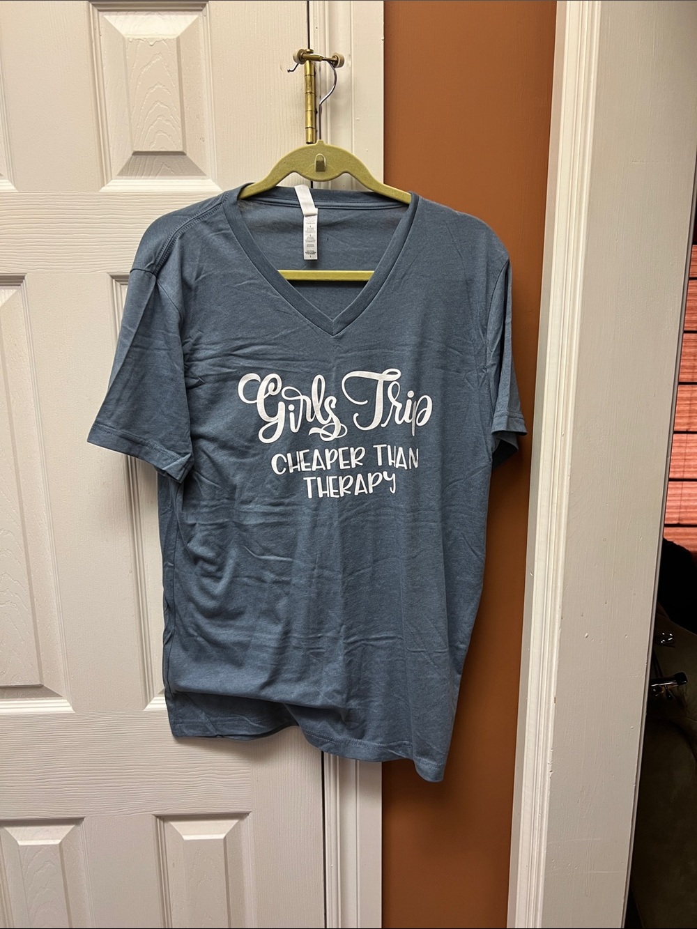 Slate Blue V-Neck Tee with White Script Graphic
